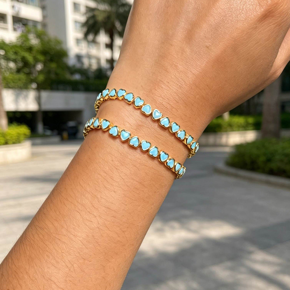 Heart Shape Copper Tennis Chain Bracelet For Women With Turquoise Inlay
