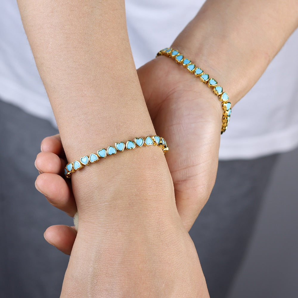 Heart Shape Copper Tennis Chain Bracelet For Women With Turquoise Inlay