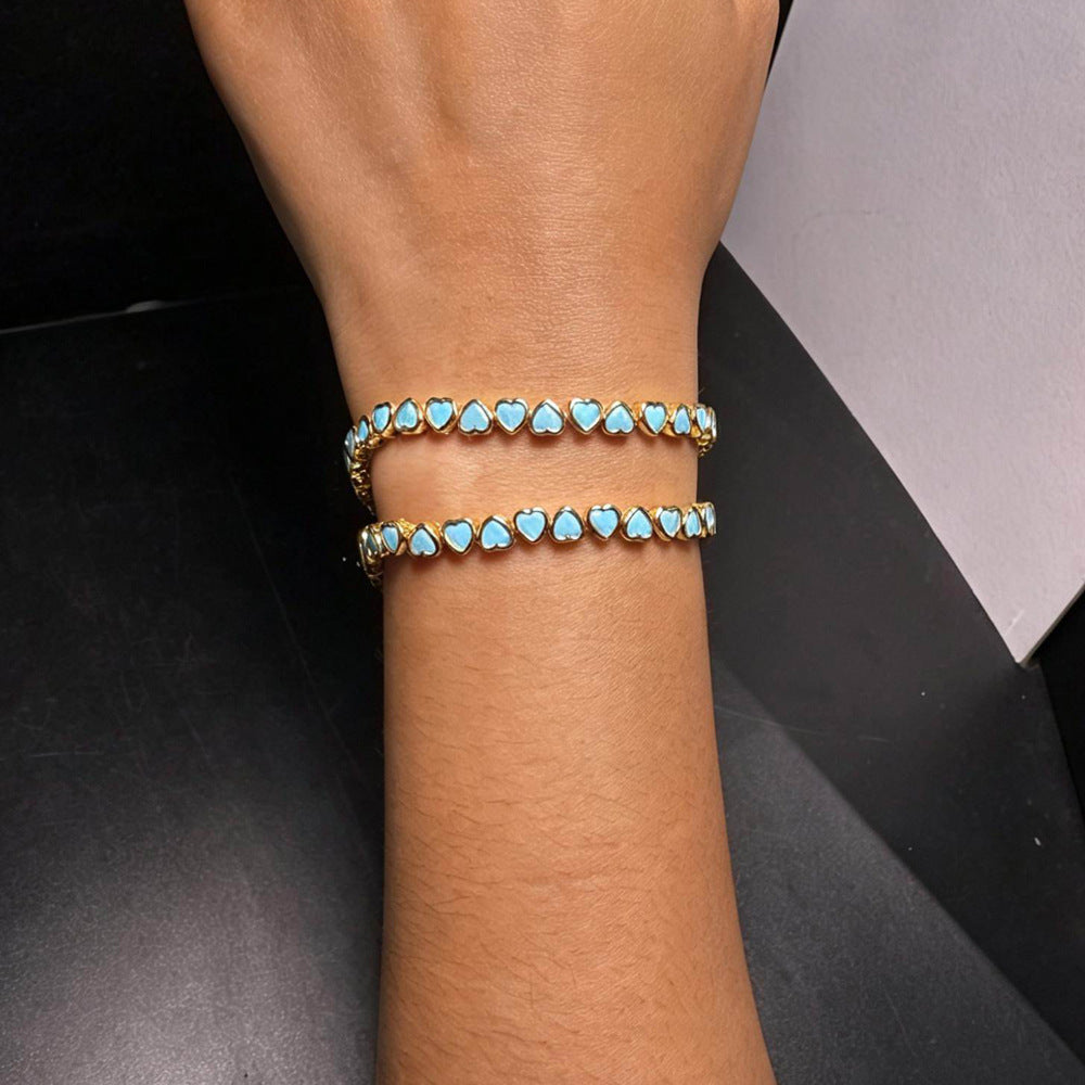 Heart Shape Copper Tennis Chain Bracelet For Women With Turquoise Inlay