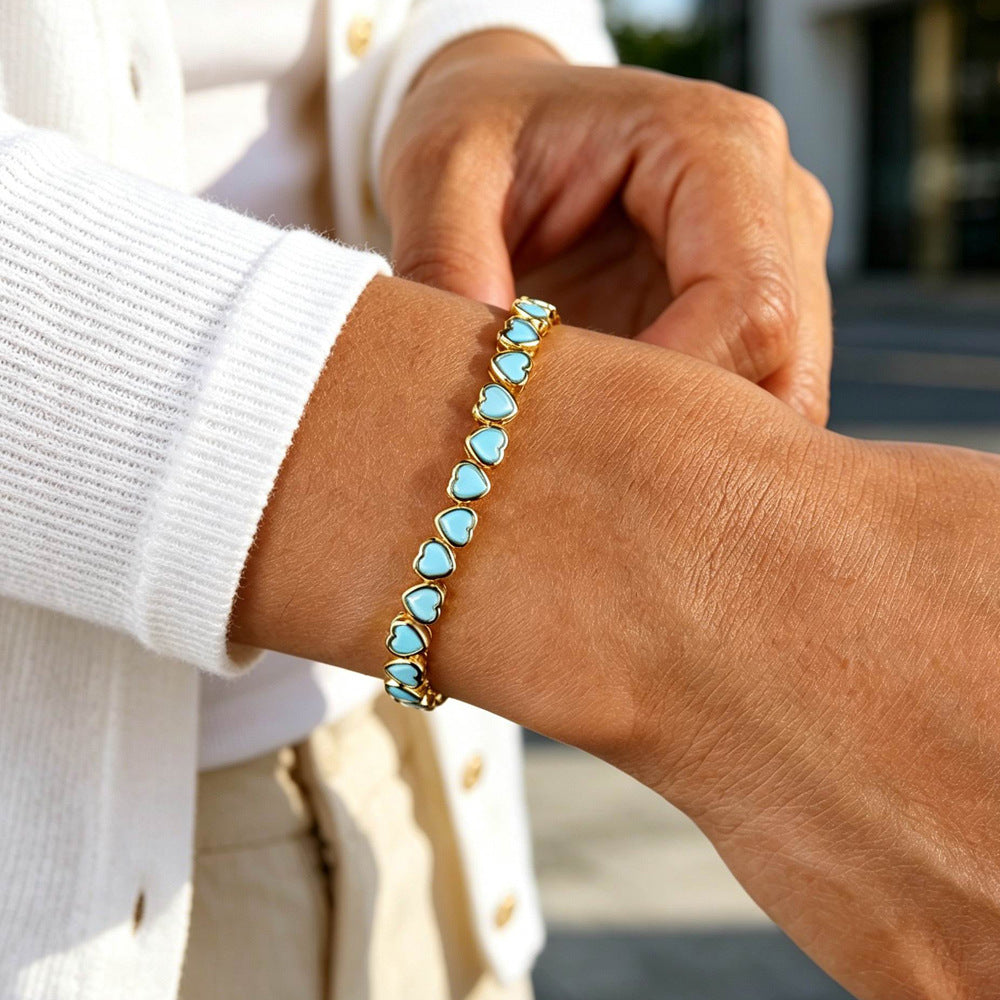 Heart Shape Copper Tennis Chain Bracelet For Women With Turquoise Inlay