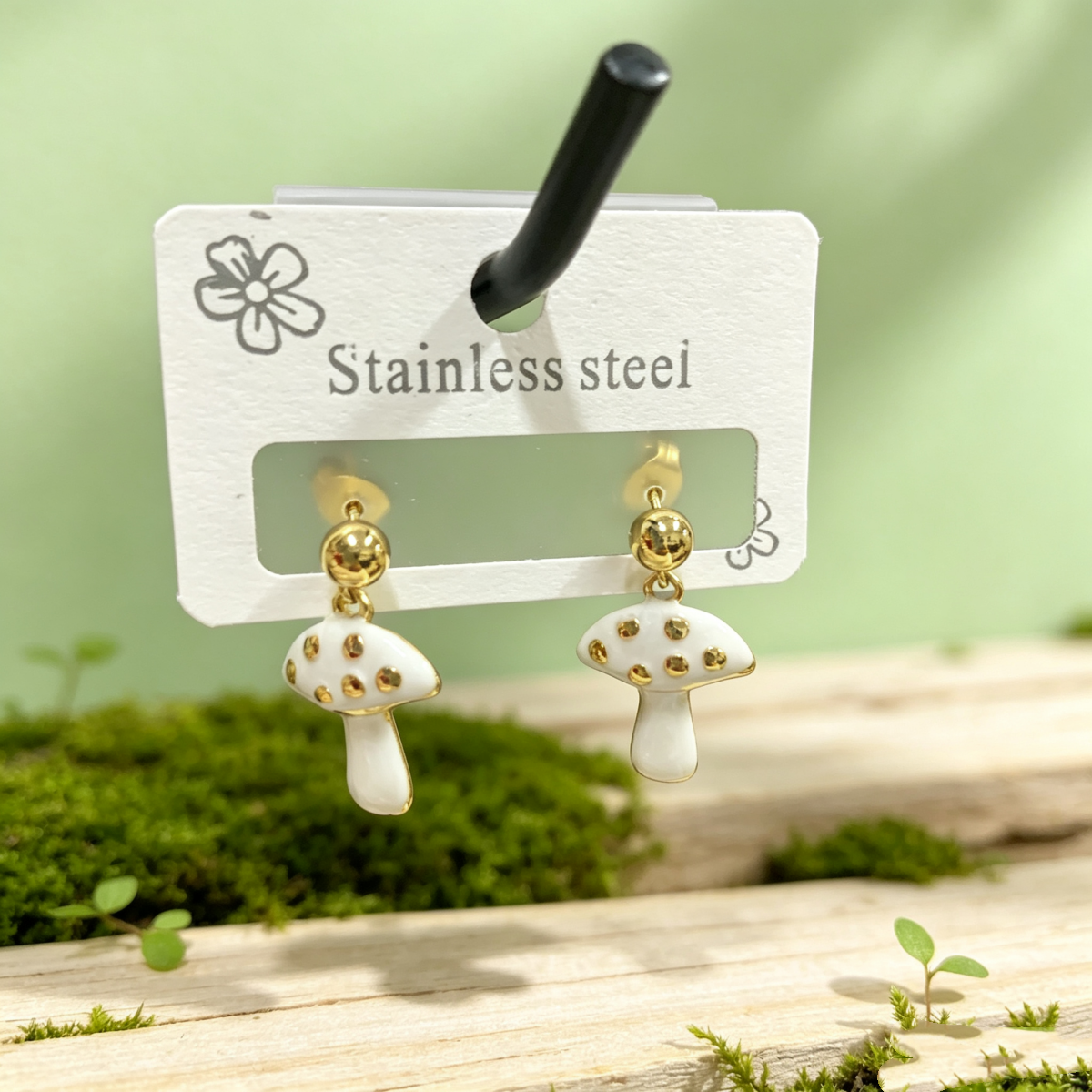 Hypoallergenic Mushroom Stud Earrings In Pastoral Style, Unisex 304 Stainless Steel With 18K Real Gold Plated Coating 0.03µm-0.05µm