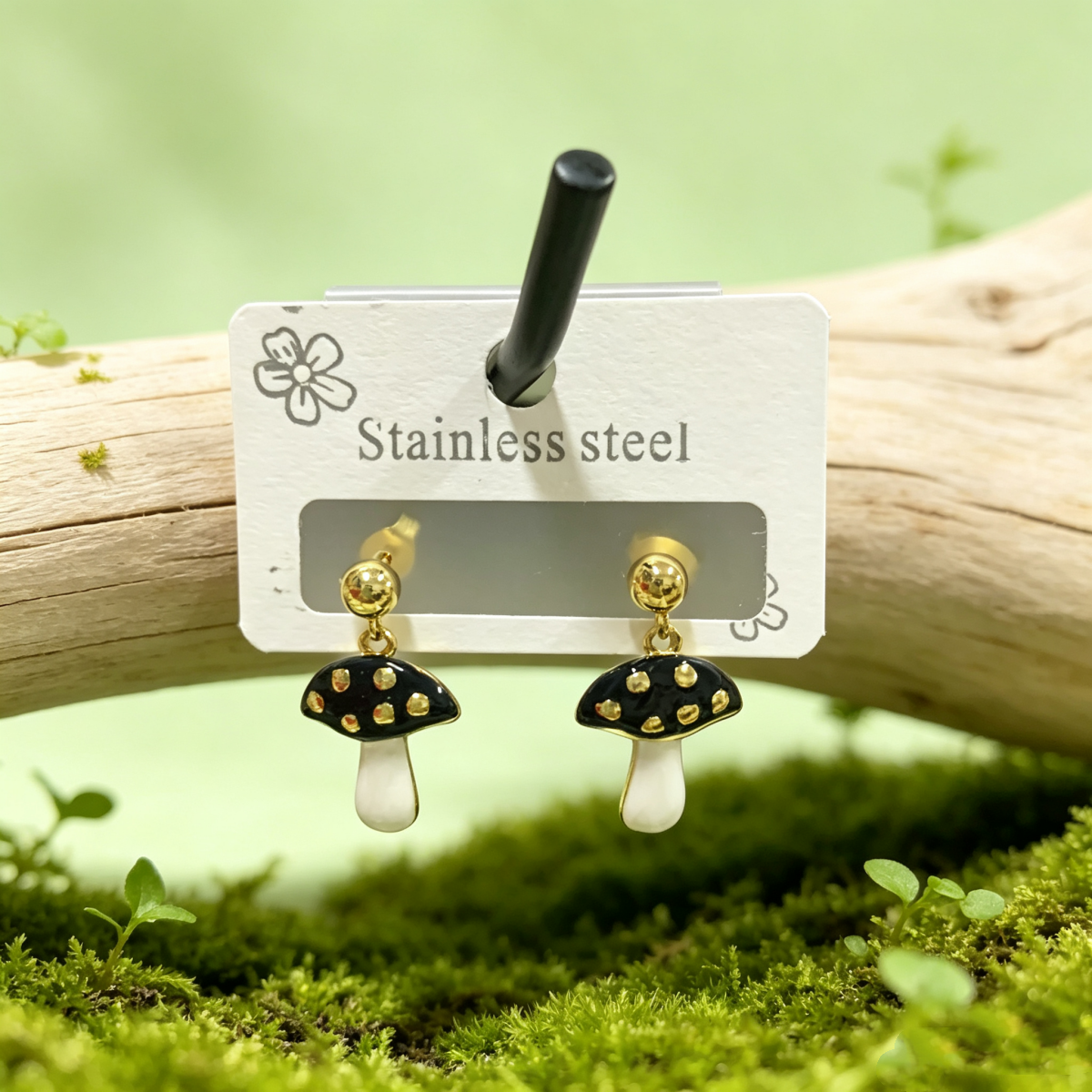 Hypoallergenic Mushroom Stud Earrings In Pastoral Style, Unisex 304 Stainless Steel With 18K Real Gold Plated Coating 0.03µm-0.05µm