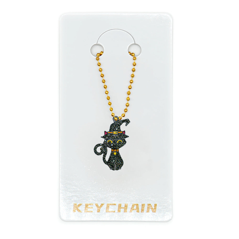 Halloween Cartoon Character Key Chain In Gold Metal With Beads Inlay, Perfect For Festive Accessories