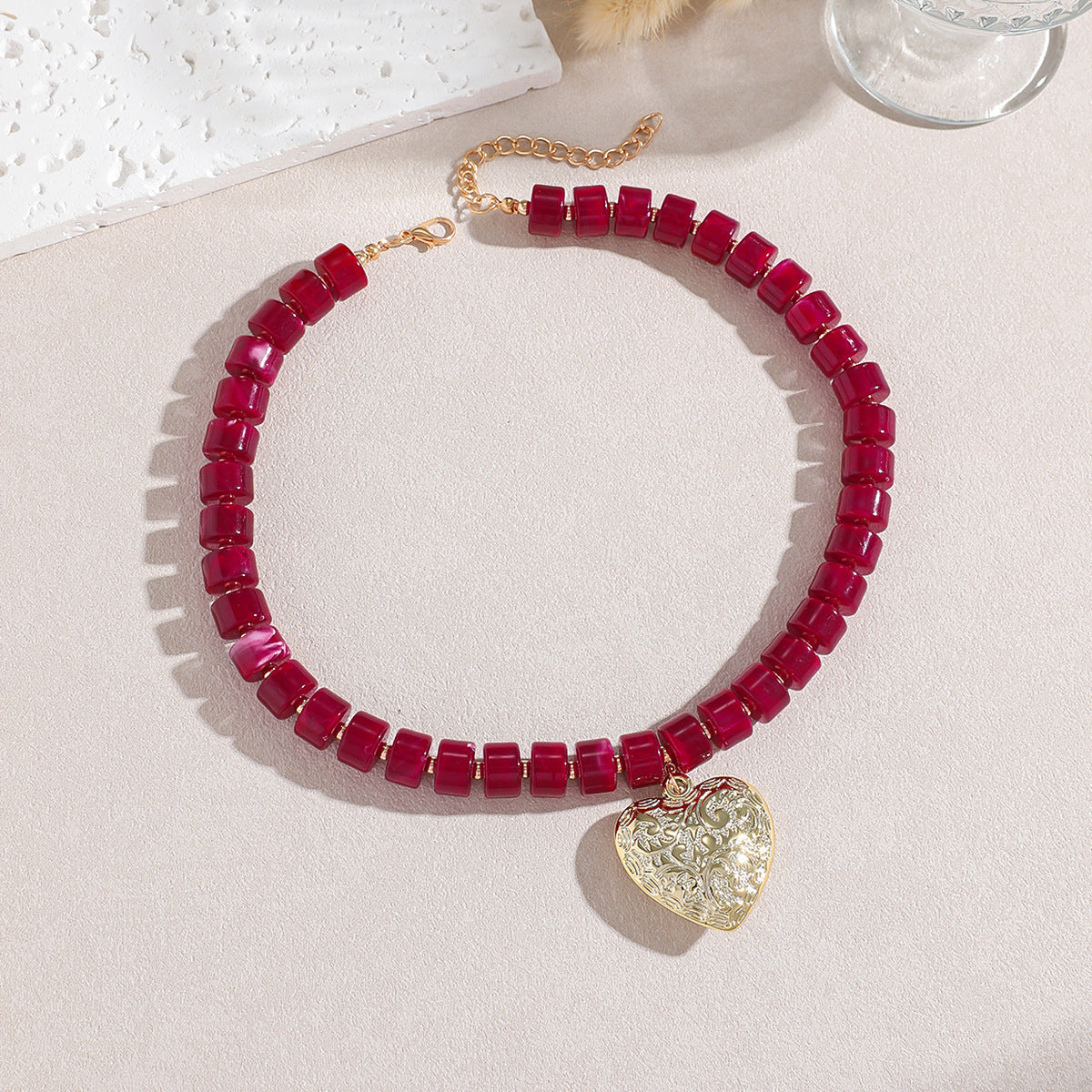 Exaggerated Heart Shape Pendant Necklace For Adults With Natural Pink Acrylic Beading On Beaded Chain
