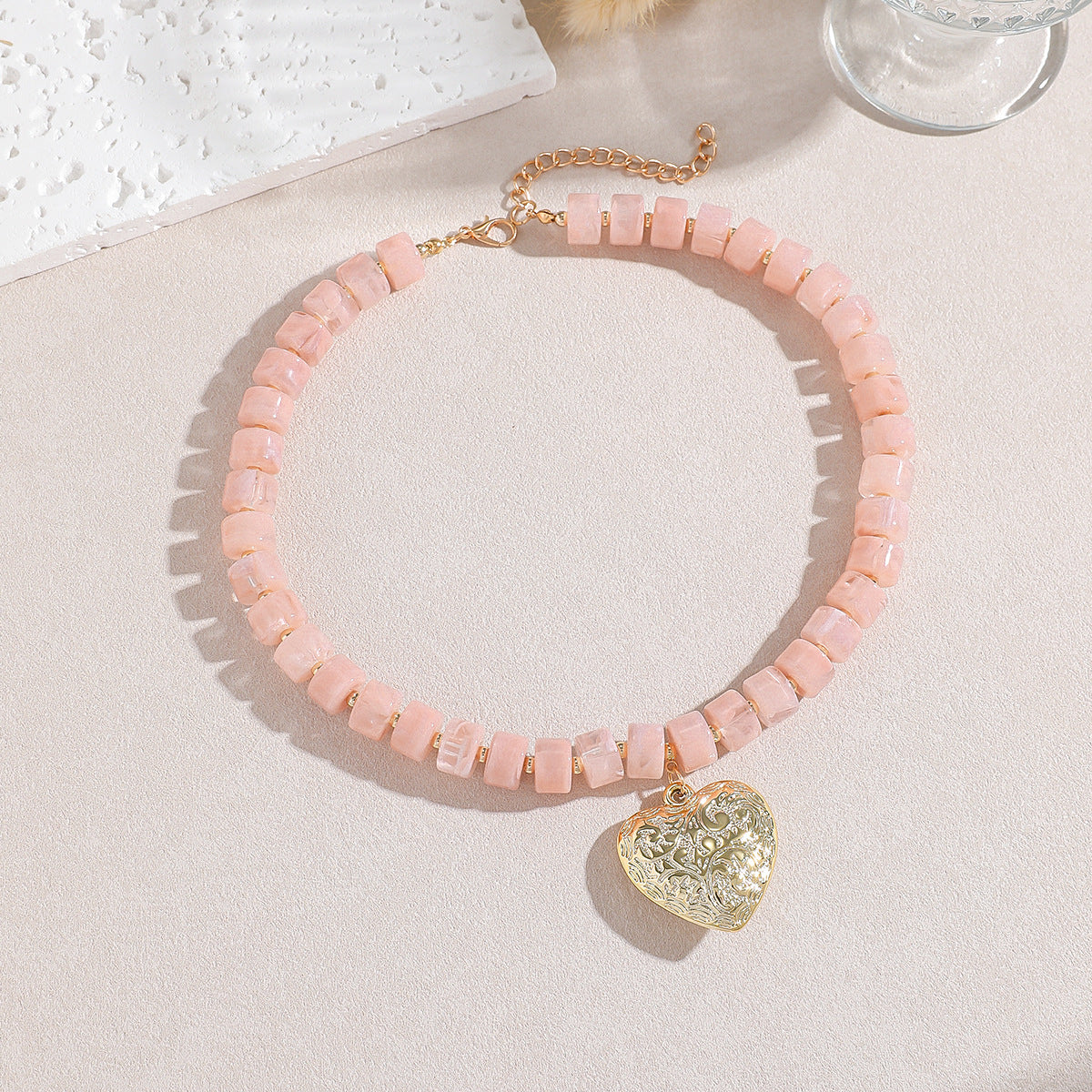 Exaggerated Heart Shape Pendant Necklace For Adults With Natural Pink Acrylic Beading On Beaded Chain