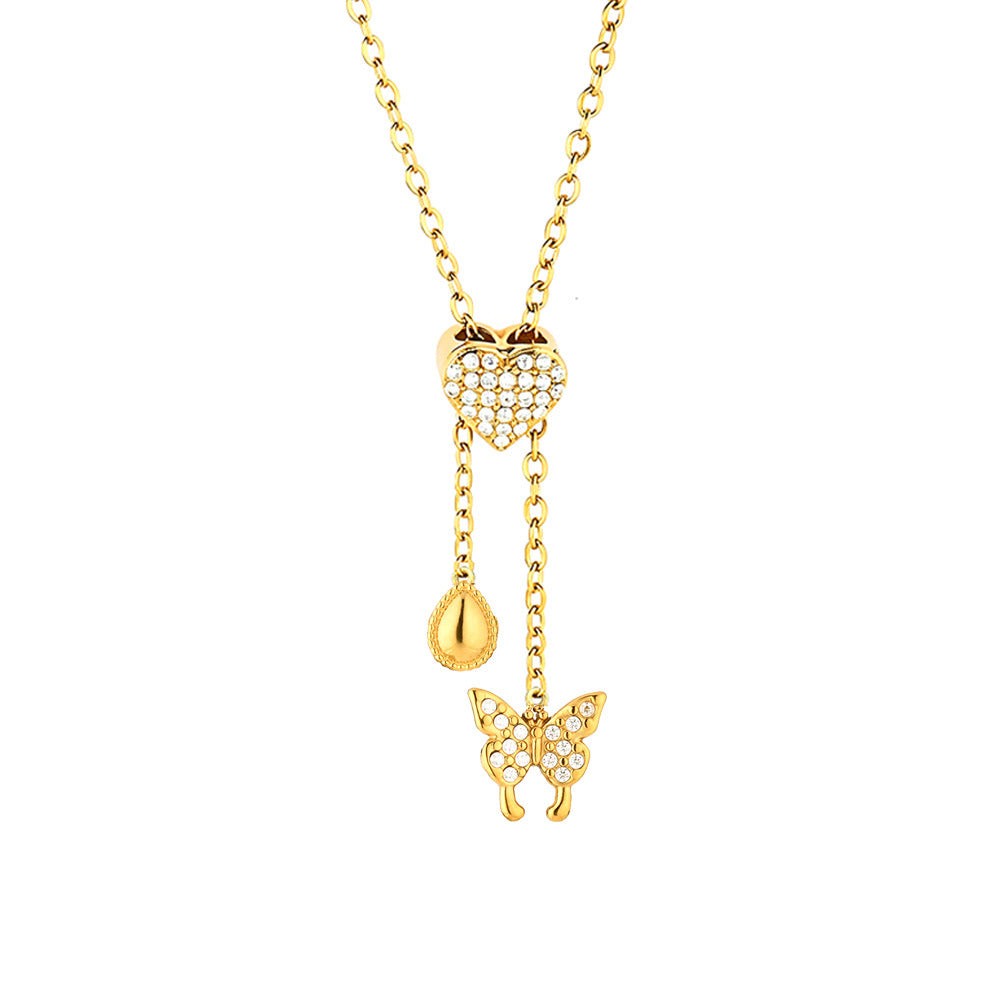 Heart Shape Pendant Necklace With Zircon Inlay On 304 Stainless Steel Slider Chain With Heart Clasp Closure