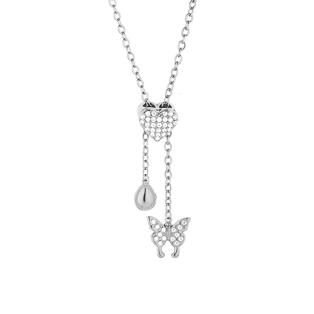 Heart Shape Pendant Necklace With Zircon Inlay On 304 Stainless Steel Slider Chain With Heart Clasp Closure