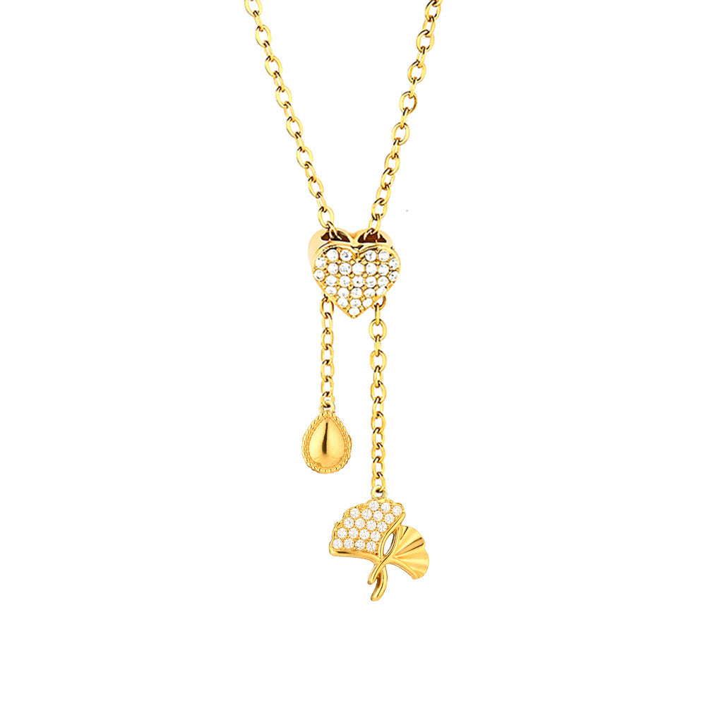 Heart Shape Pendant Necklace With Zircon Inlay On 304 Stainless Steel Slider Chain With Heart Clasp Closure