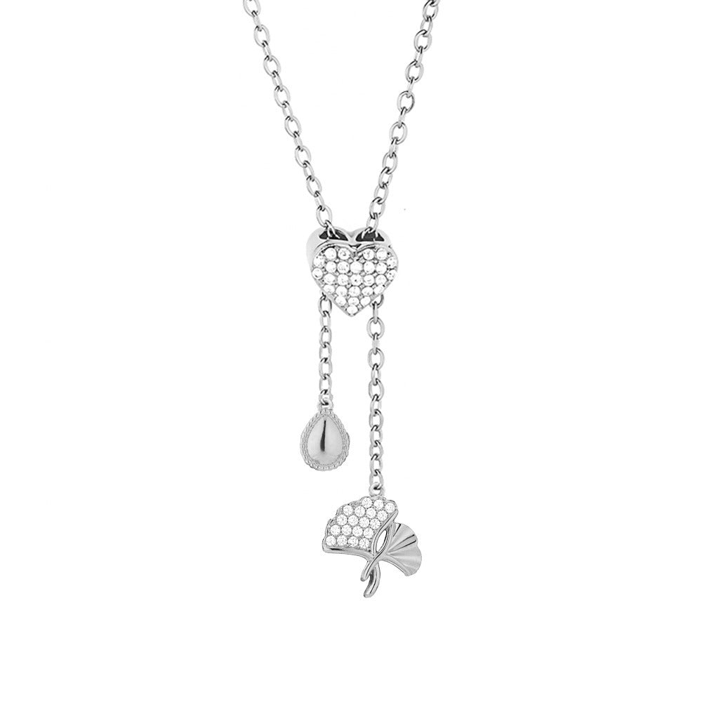 Heart Shape Pendant Necklace With Zircon Inlay On 304 Stainless Steel Slider Chain With Heart Clasp Closure