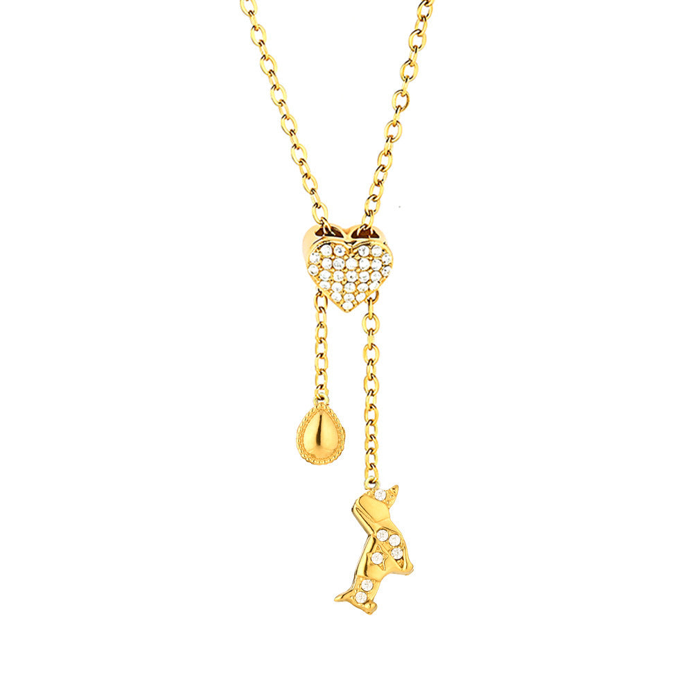Heart Shape Pendant Necklace With Zircon Inlay On 304 Stainless Steel Slider Chain With Heart Clasp Closure