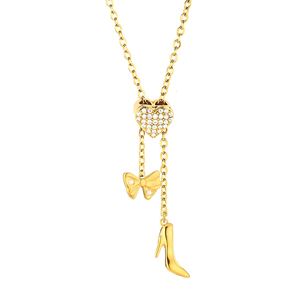 Heart Shape Pendant Necklace With Zircon Inlay On 304 Stainless Steel Slider Chain With Heart Clasp Closure
