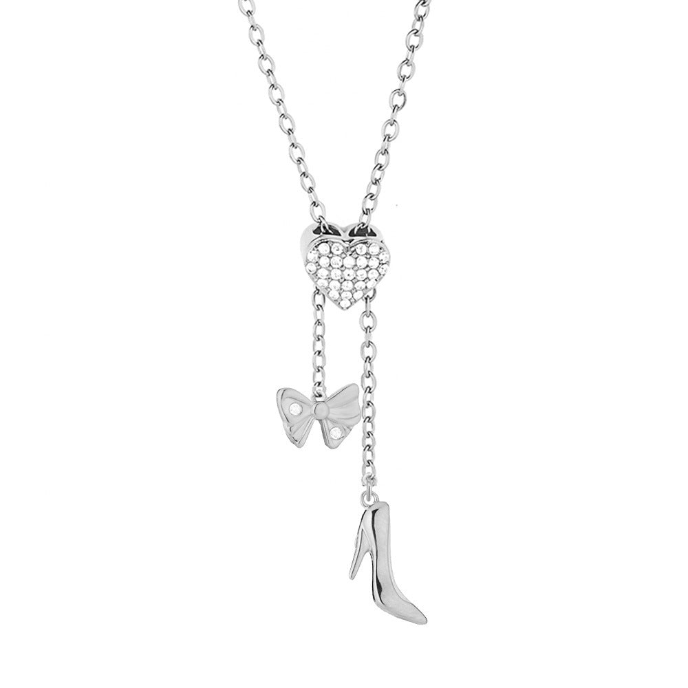 Heart Shape Pendant Necklace With Zircon Inlay On 304 Stainless Steel Slider Chain With Heart Clasp Closure
