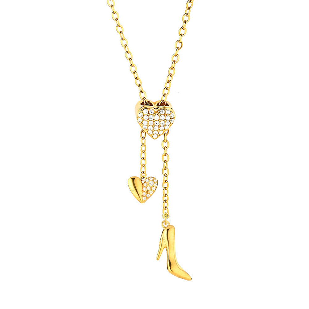 Heart Shape Pendant Necklace With Zircon Inlay On 304 Stainless Steel Slider Chain With Heart Clasp Closure
