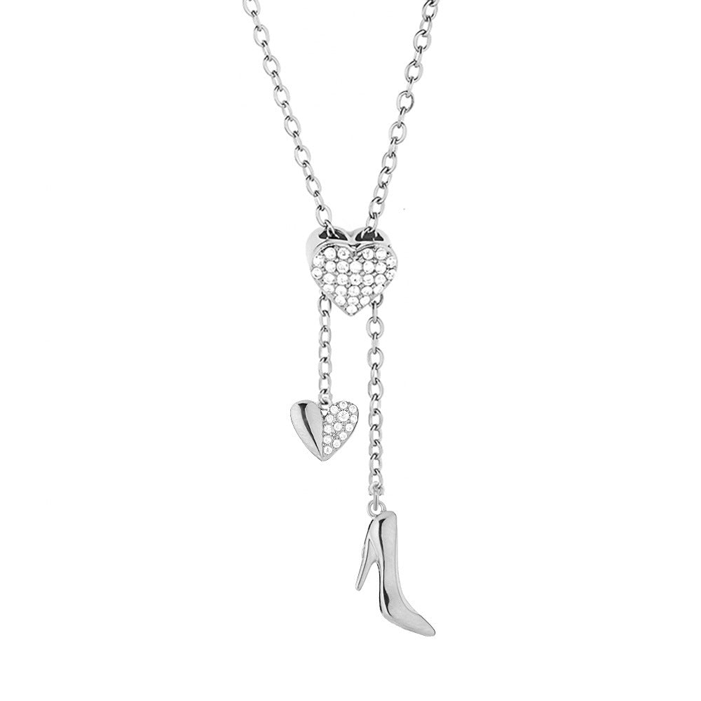 Heart Shape Pendant Necklace With Zircon Inlay On 304 Stainless Steel Slider Chain With Heart Clasp Closure