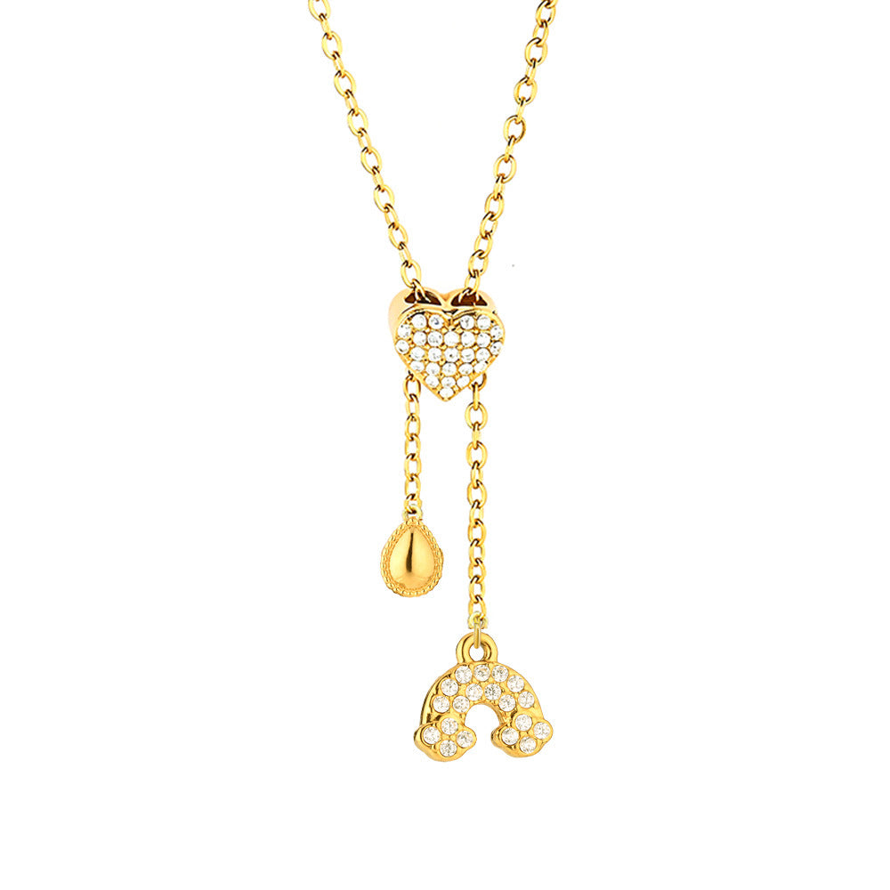 Heart Shape Pendant Necklace With Zircon Inlay On 304 Stainless Steel Slider Chain With Heart Clasp Closure