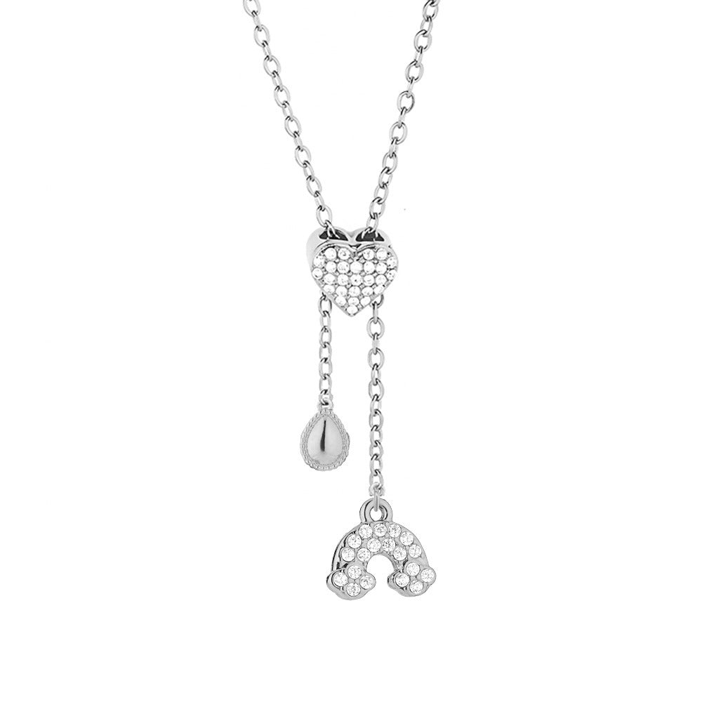 Heart Shape Pendant Necklace With Zircon Inlay On 304 Stainless Steel Slider Chain With Heart Clasp Closure