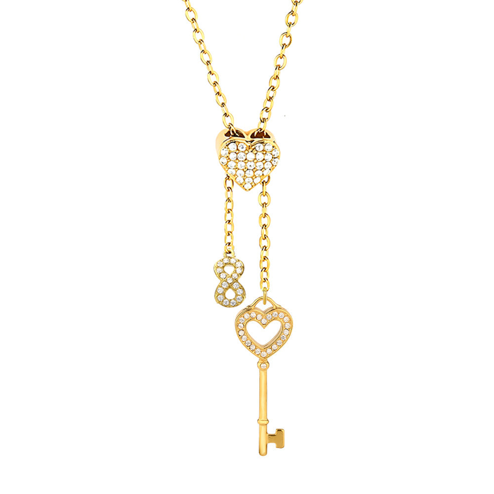 Heart Shape Pendant Necklace With Zircon Inlay On 304 Stainless Steel Slider Chain With Heart Clasp Closure