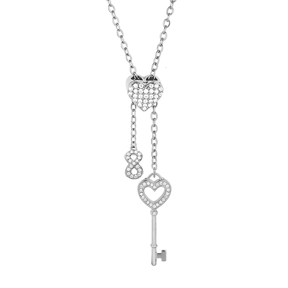 Heart Shape Pendant Necklace With Zircon Inlay On 304 Stainless Steel Slider Chain With Heart Clasp Closure
