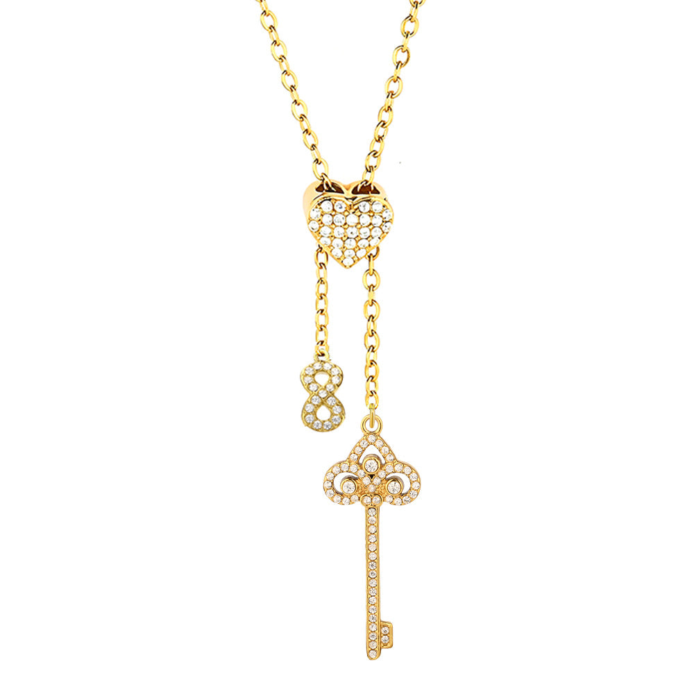 Heart Shape Pendant Necklace With Zircon Inlay On 304 Stainless Steel Slider Chain With Heart Clasp Closure