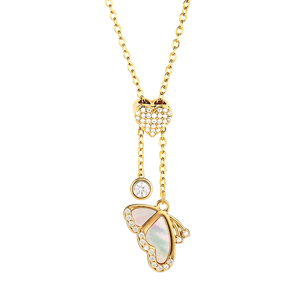 Heart Shape Pendant Necklace With Zircon Inlay On 304 Stainless Steel Slider Chain With Heart Clasp Closure