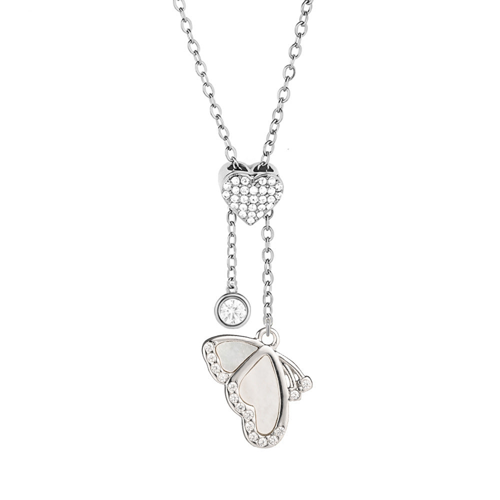 Heart Shape Pendant Necklace With Zircon Inlay On 304 Stainless Steel Slider Chain With Heart Clasp Closure