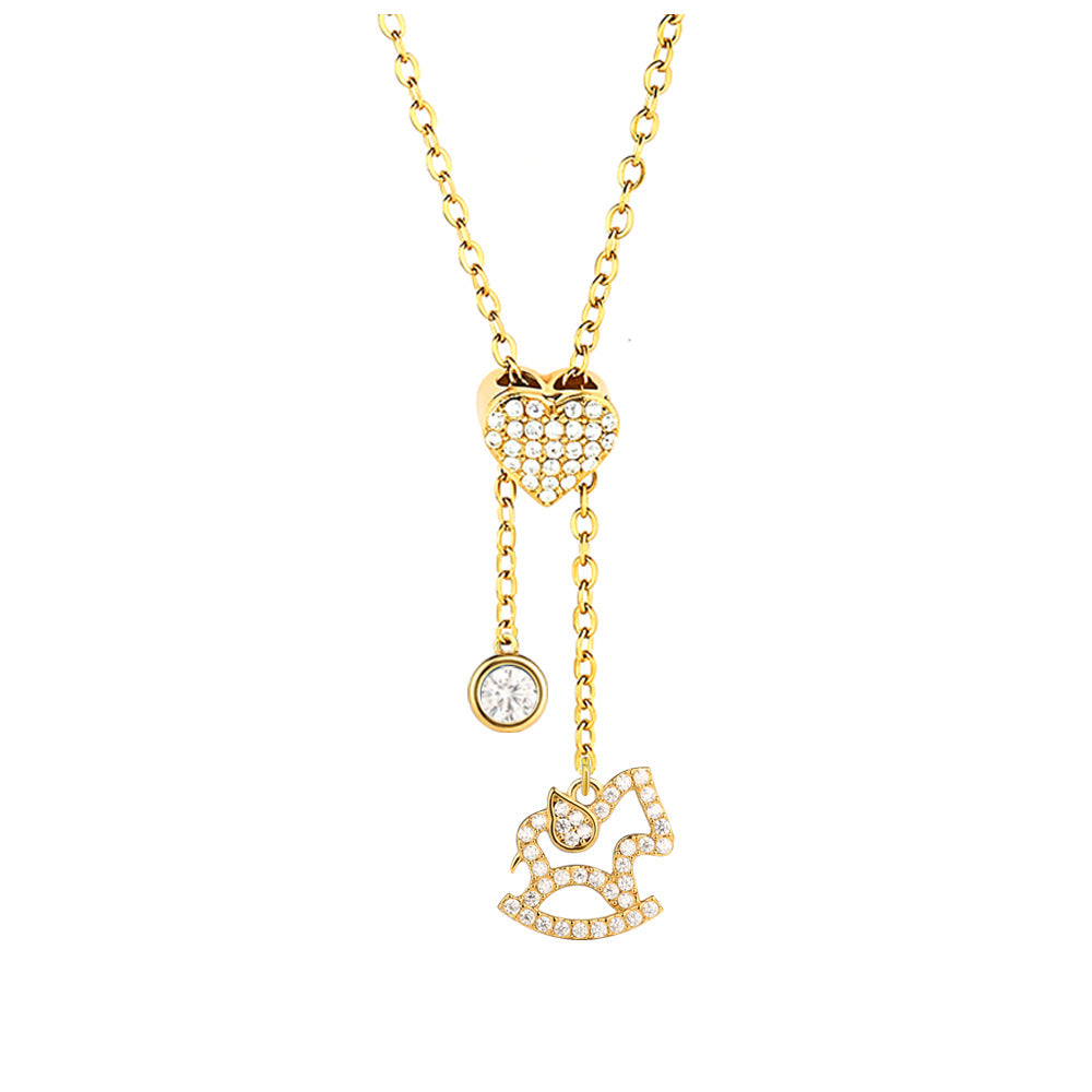 Heart Shape Pendant Necklace With Zircon Inlay On 304 Stainless Steel Slider Chain With Heart Clasp Closure