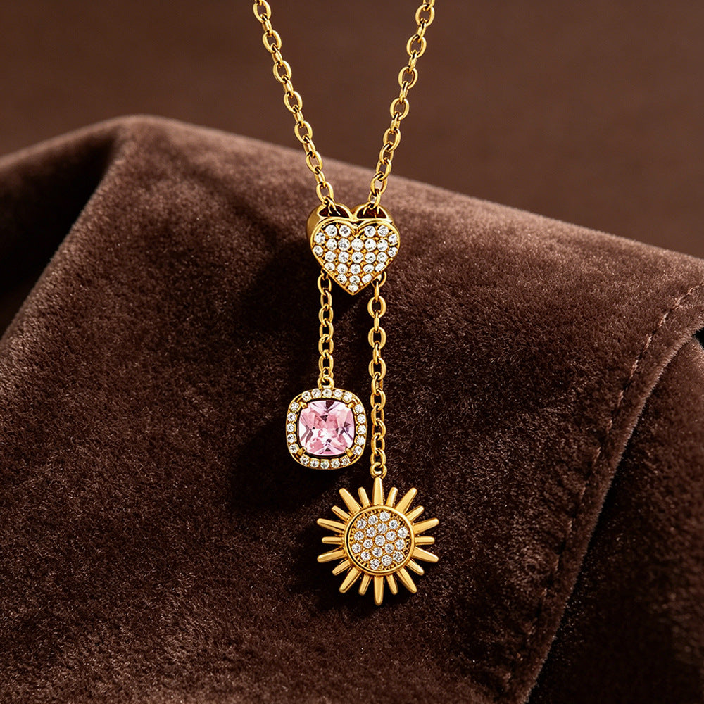 Heart Shape Pendant Necklace With Zircon Inlay On 304 Stainless Steel Slider Chain With Heart Clasp Closure