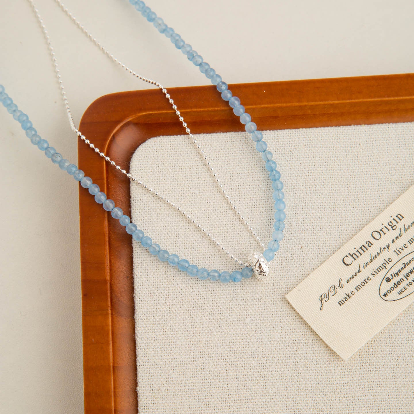 Blue Double Layer Necklace For Women With Beading Craft And Natural Stone Pendant Featuring Printing Pattern