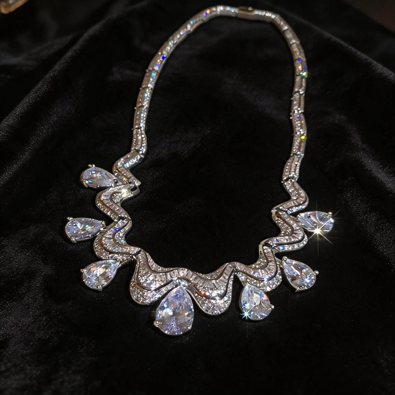 Exaggerated Water Droplets Twist Necklace For Women In Silver Copper With Zircon Inlay