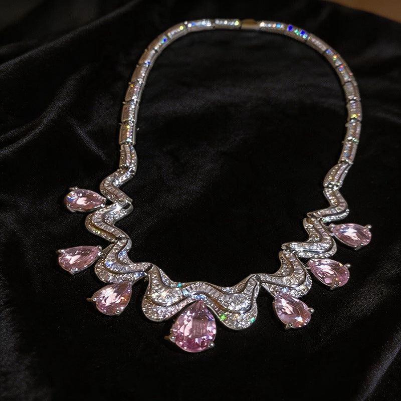 Exaggerated Water Droplets Twist Necklace For Women In Silver Copper With Zircon Inlay
