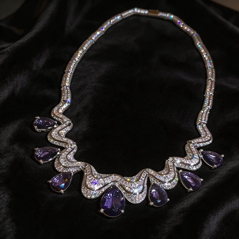 Exaggerated Water Droplets Twist Necklace For Women In Silver Copper With Zircon Inlay