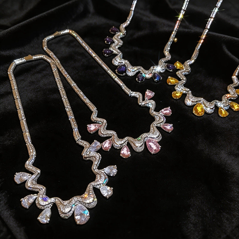 Exaggerated Water Droplets Twist Necklace For Women In Silver Copper With Zircon Inlay