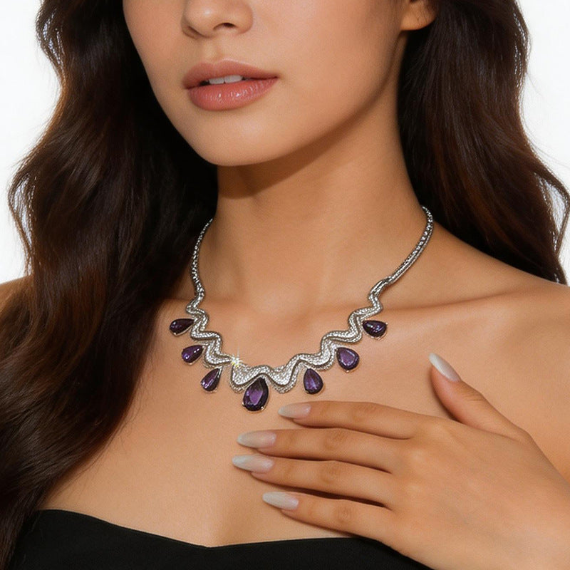Exaggerated Water Droplets Twist Necklace For Women In Silver Copper With Zircon Inlay