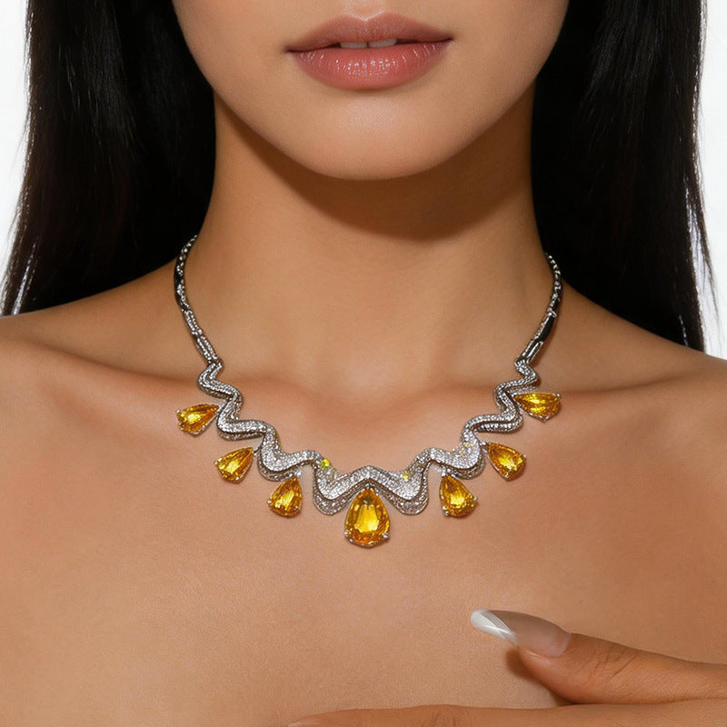 Exaggerated Water Droplets Twist Necklace For Women In Silver Copper With Zircon Inlay