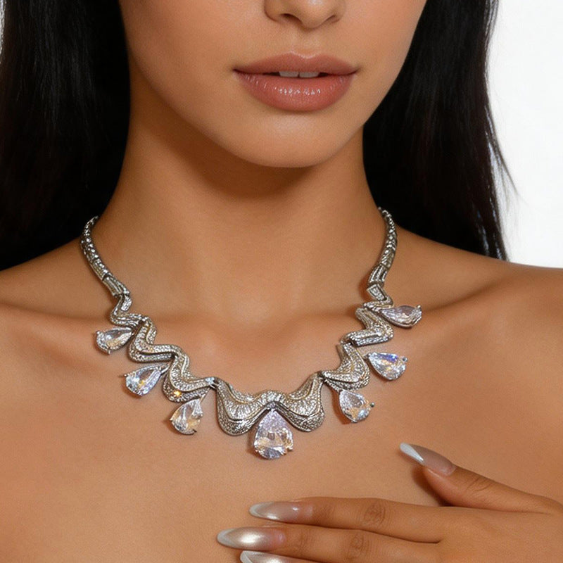 Exaggerated Water Droplets Twist Necklace For Women In Silver Copper With Zircon Inlay