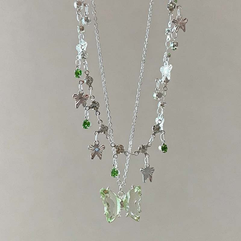 Butterfly Tassel Necklace In Light Green With Electroplated Zinc Alloy Pendant For Women