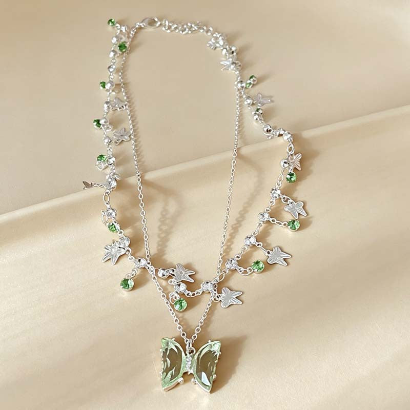 Butterfly Tassel Necklace In Light Green With Electroplated Zinc Alloy Pendant For Women
