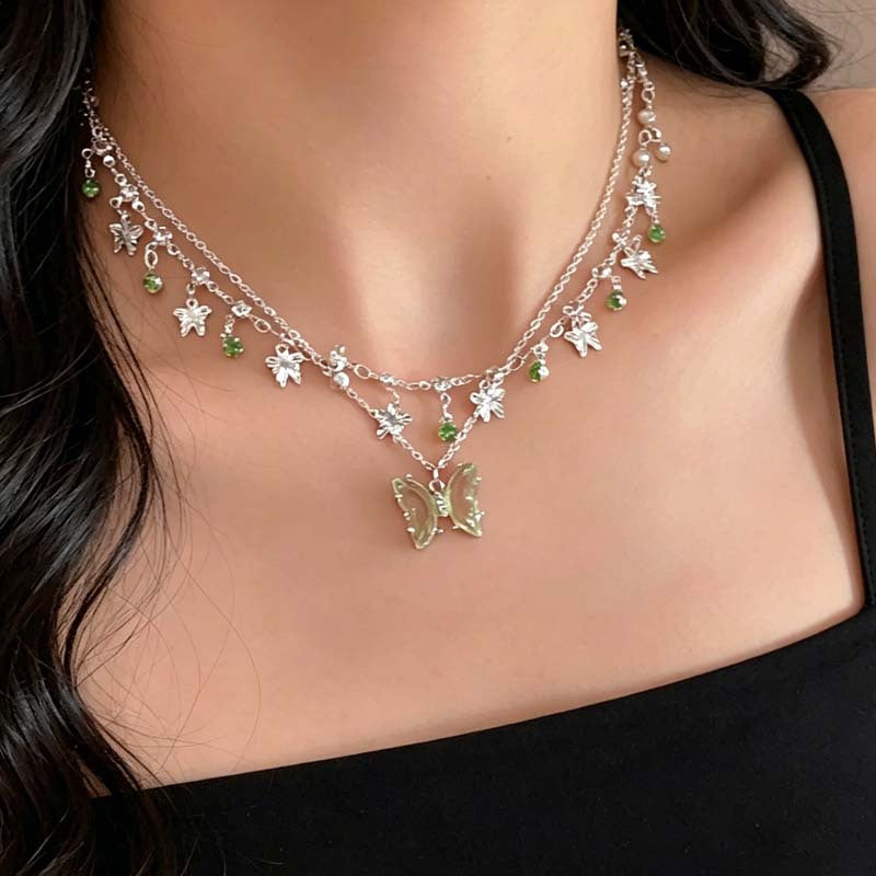 Butterfly Tassel Necklace In Light Green With Electroplated Zinc Alloy Pendant For Women