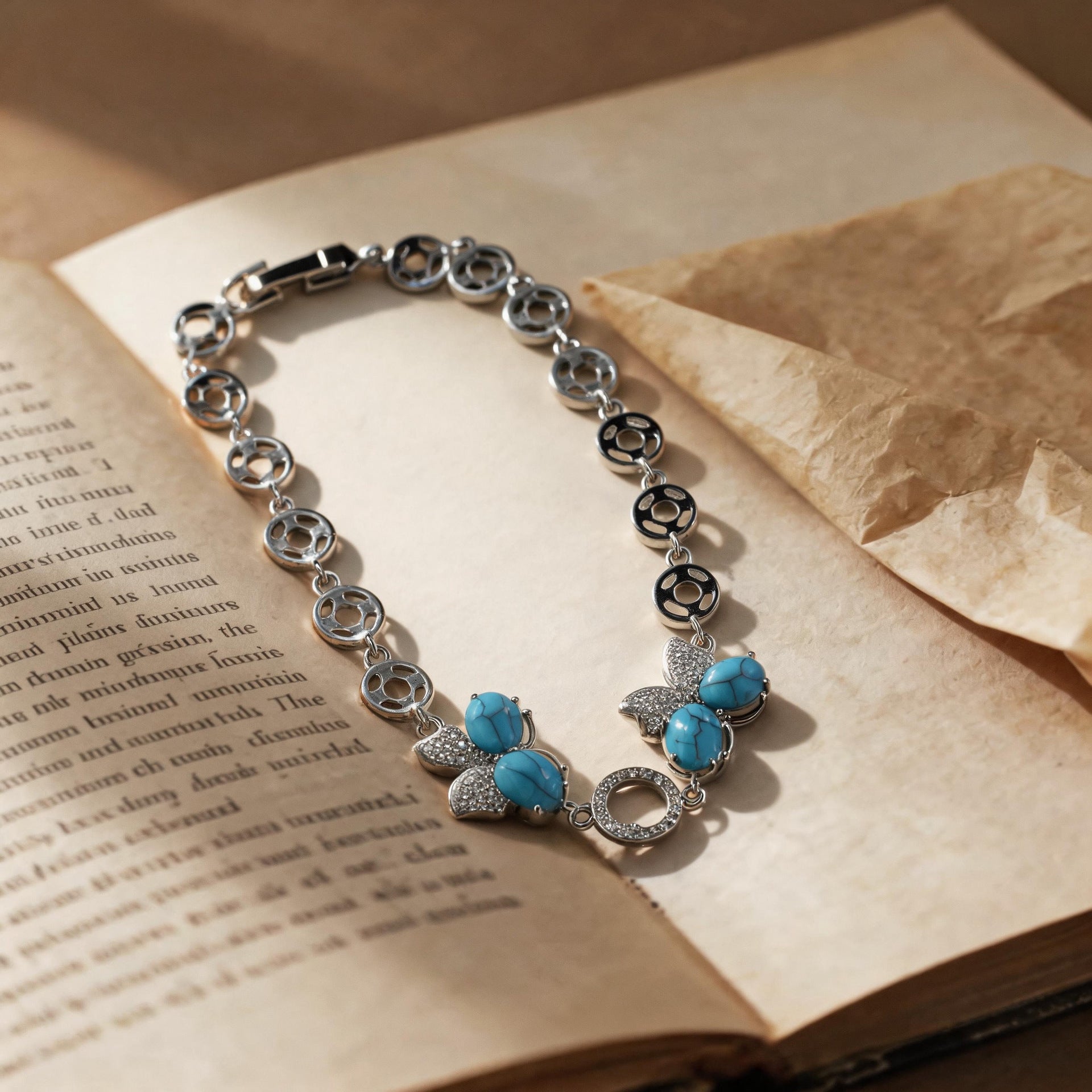 Handmade Butterfly Bracelet For Women In Copper With Platinum Plated Electroplated Finish And Zircon Inlay On Cable Chain