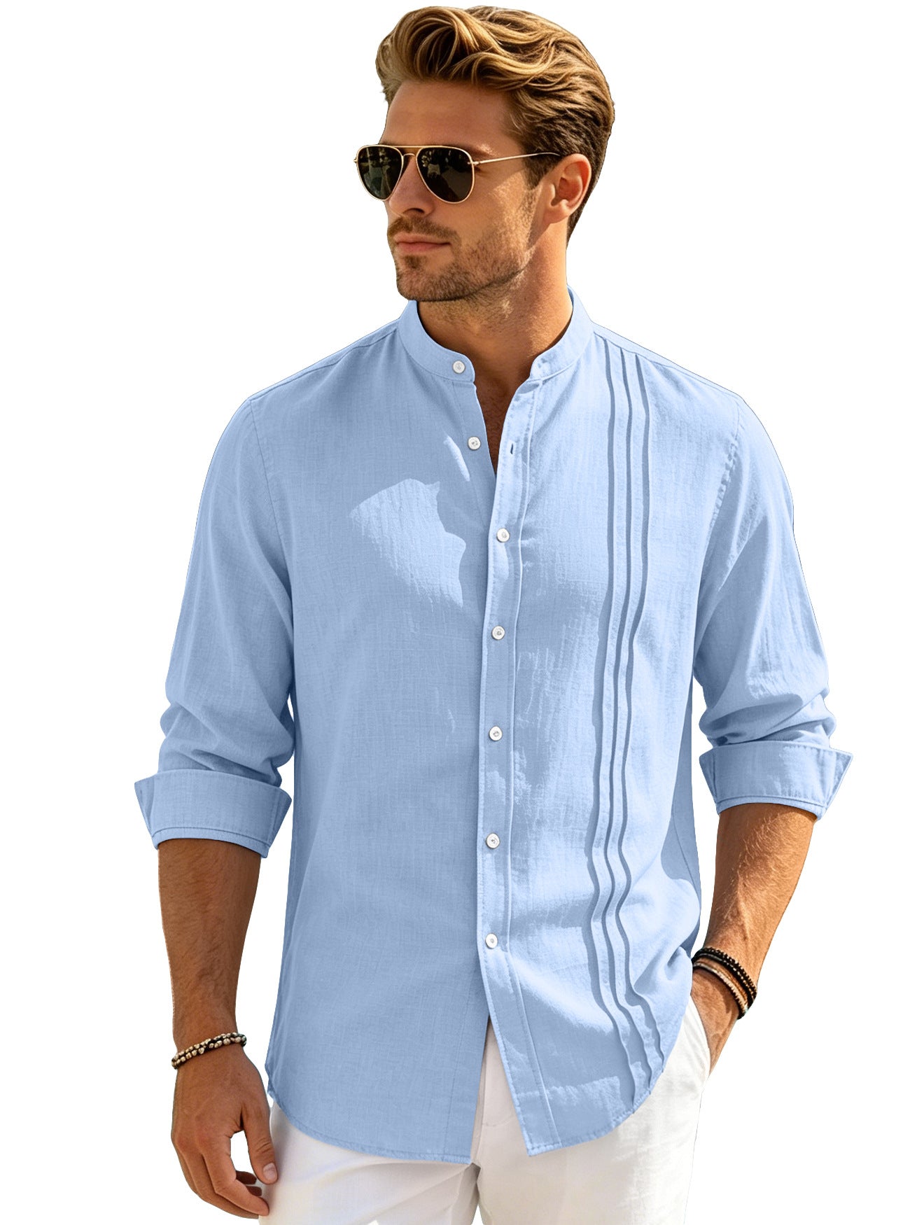 Solid Color Casual Long Sleeve Polyester Blouse With Placket For Men