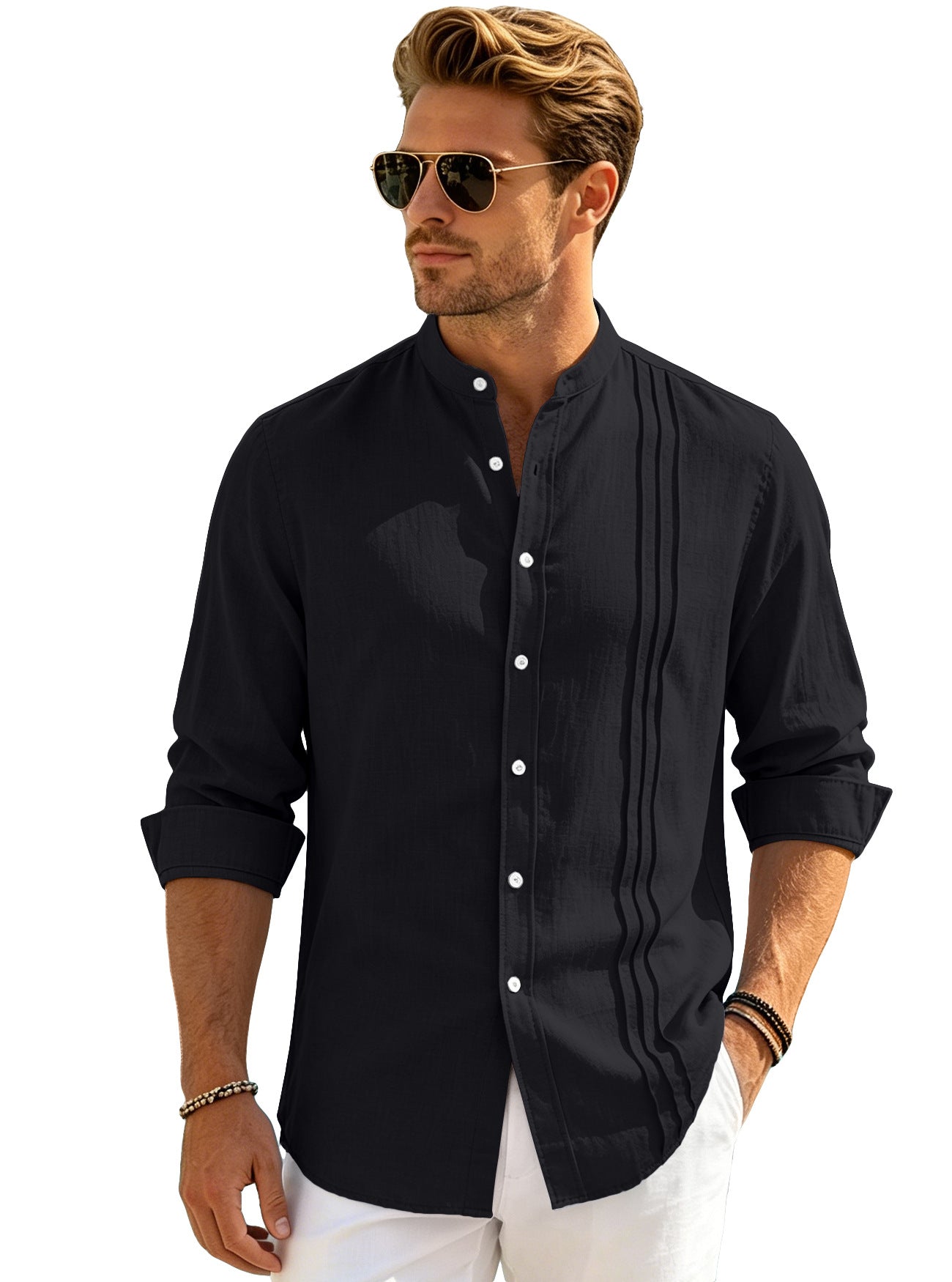 Solid Color Casual Long Sleeve Polyester Blouse With Placket For Men