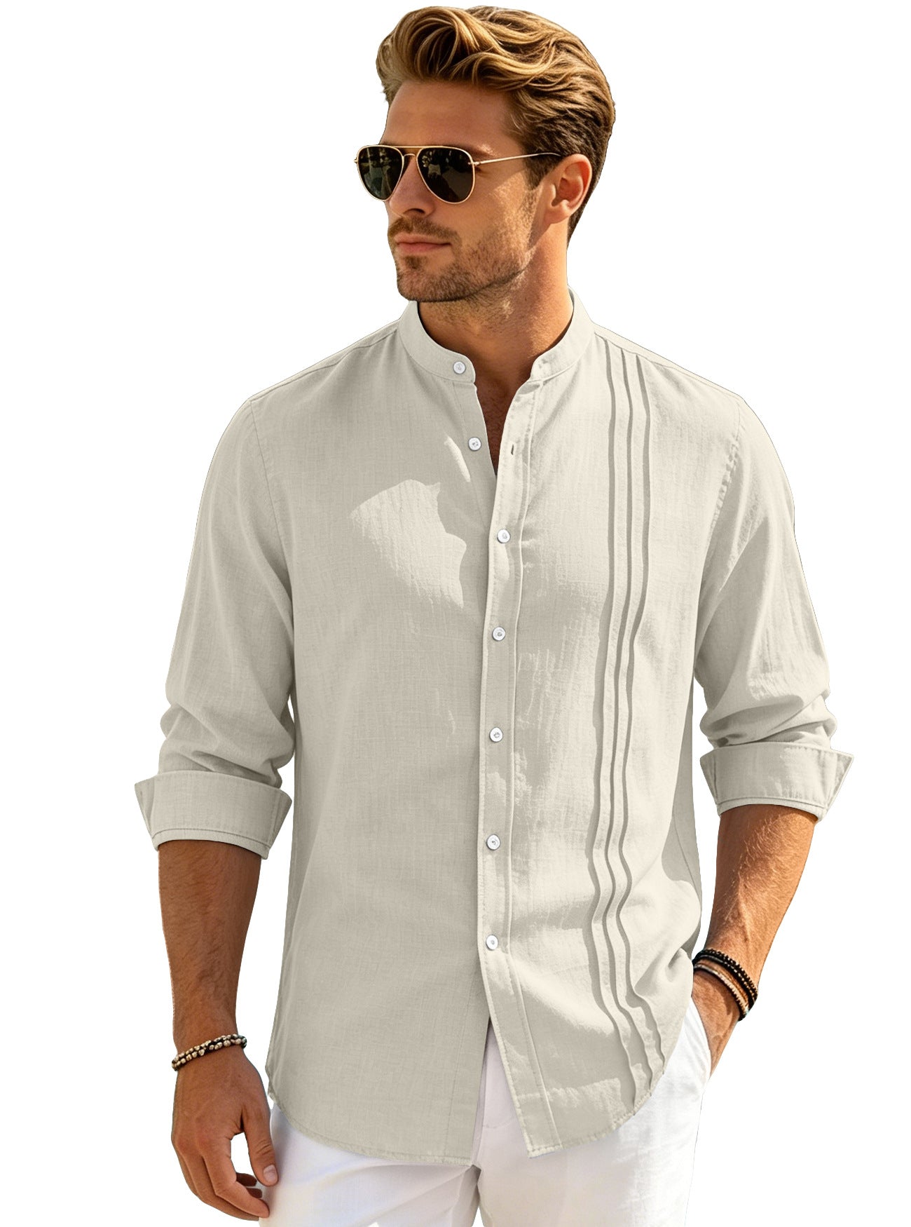 Solid Color Casual Long Sleeve Polyester Blouse With Placket For Men