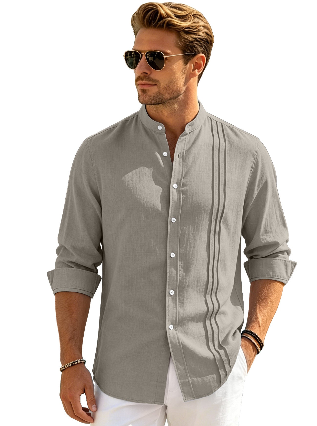 Solid Color Casual Long Sleeve Polyester Blouse With Placket For Men