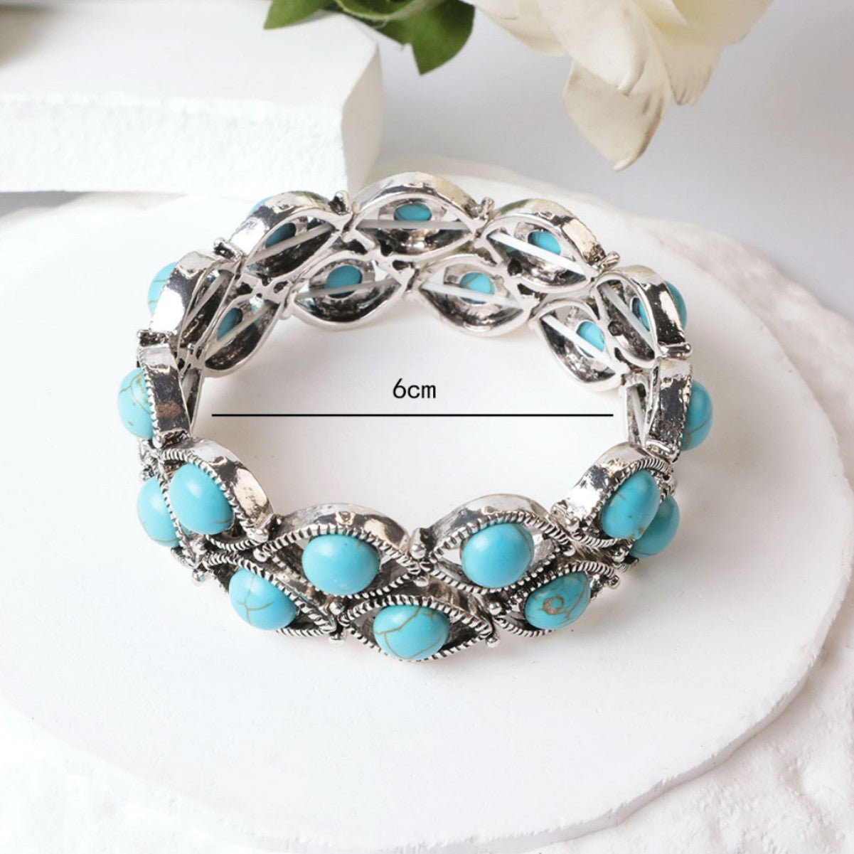 Bohemian Tribal Blue Zinc Alloy Bracelet With Turquoise Inlay, Electroplated Finish For Women