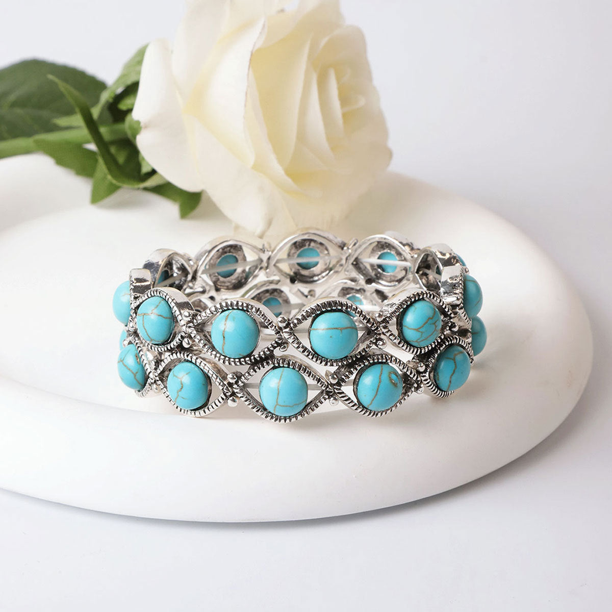 Bohemian Tribal Blue Zinc Alloy Bracelet With Turquoise Inlay, Electroplated Finish For Women