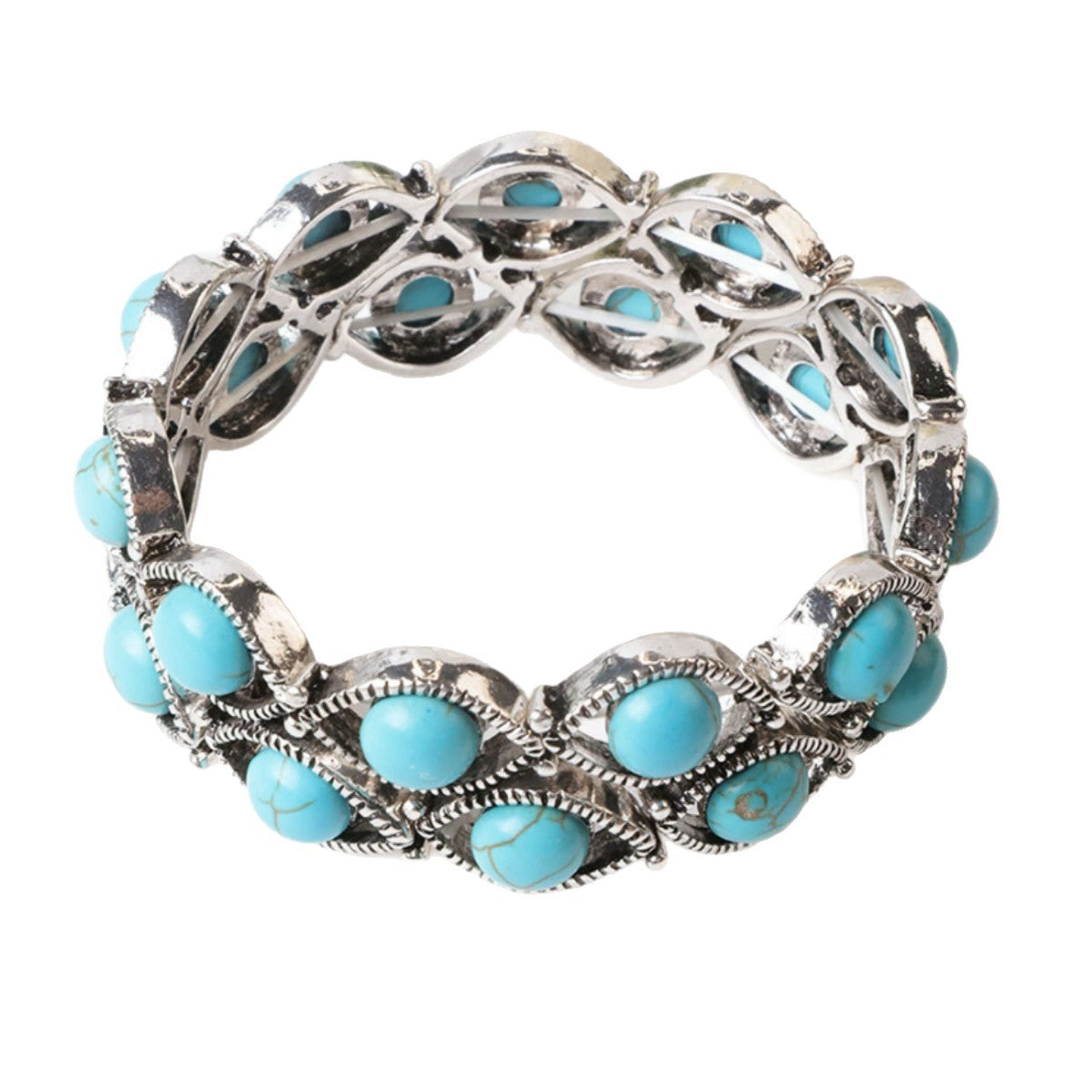 Bohemian Tribal Blue Zinc Alloy Bracelet With Turquoise Inlay, Electroplated Finish For Women