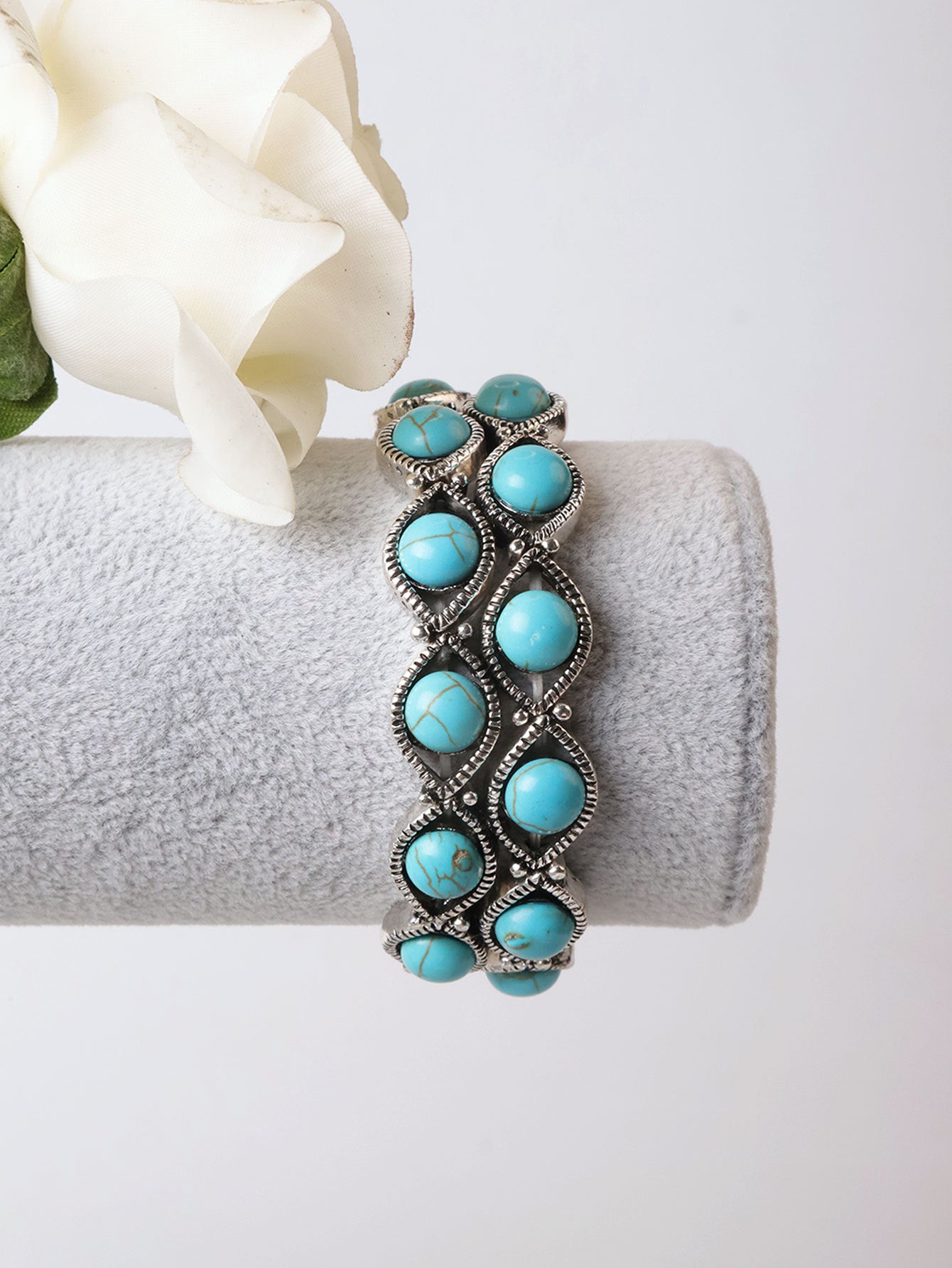 Bohemian Tribal Blue Zinc Alloy Bracelet With Turquoise Inlay, Electroplated Finish For Women