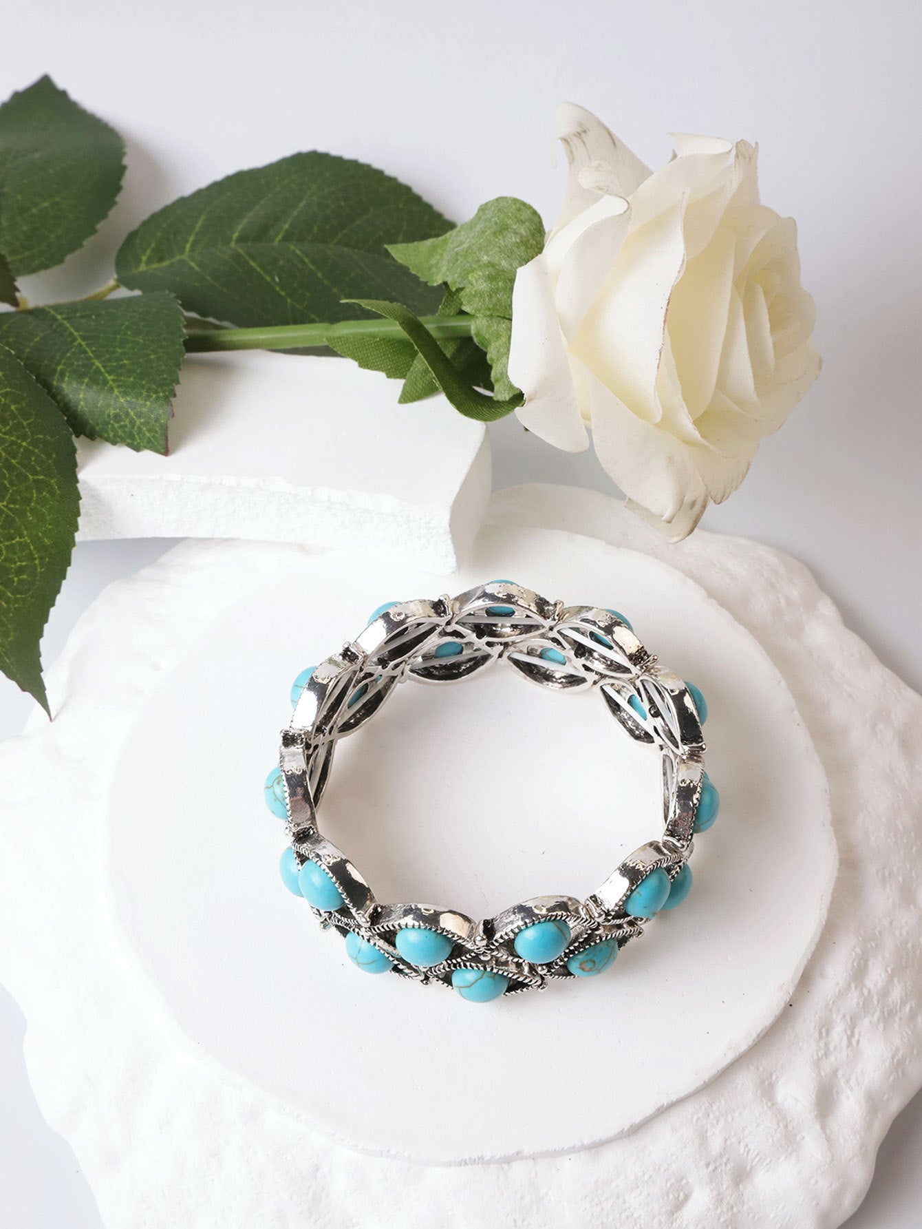Bohemian Tribal Blue Zinc Alloy Bracelet With Turquoise Inlay, Electroplated Finish For Women