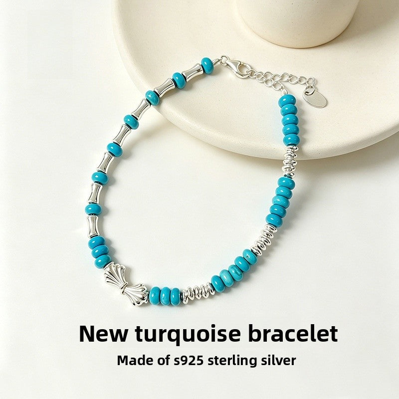 Handmade Round 925 Sterling Silver Bracelet With Turquoise Inlay, Retro Style For Women