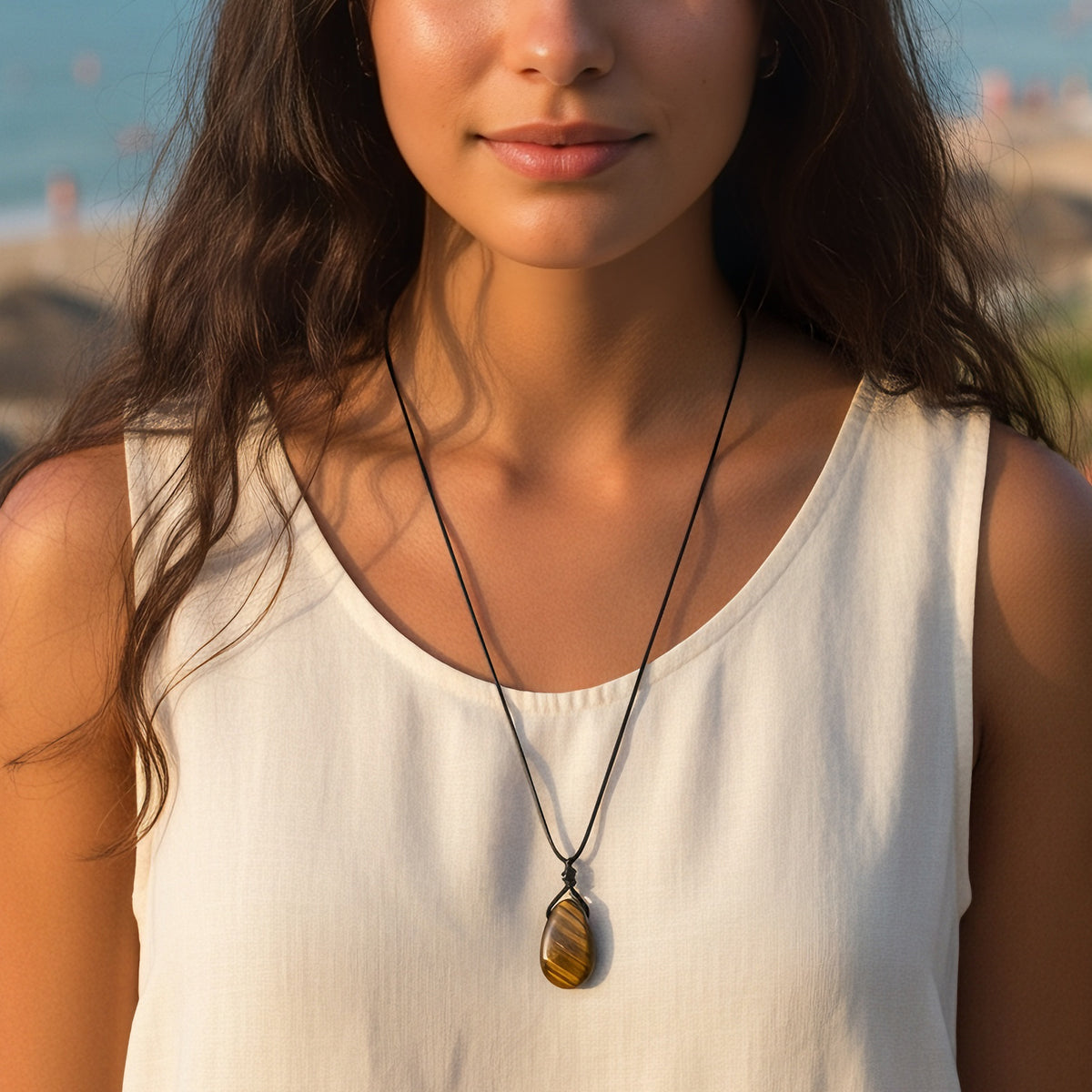Simple Style Irregular Asymmetrical Pendant Necklace With Tiger Eye Inlay, Unisex Design On Leather Rope Chain